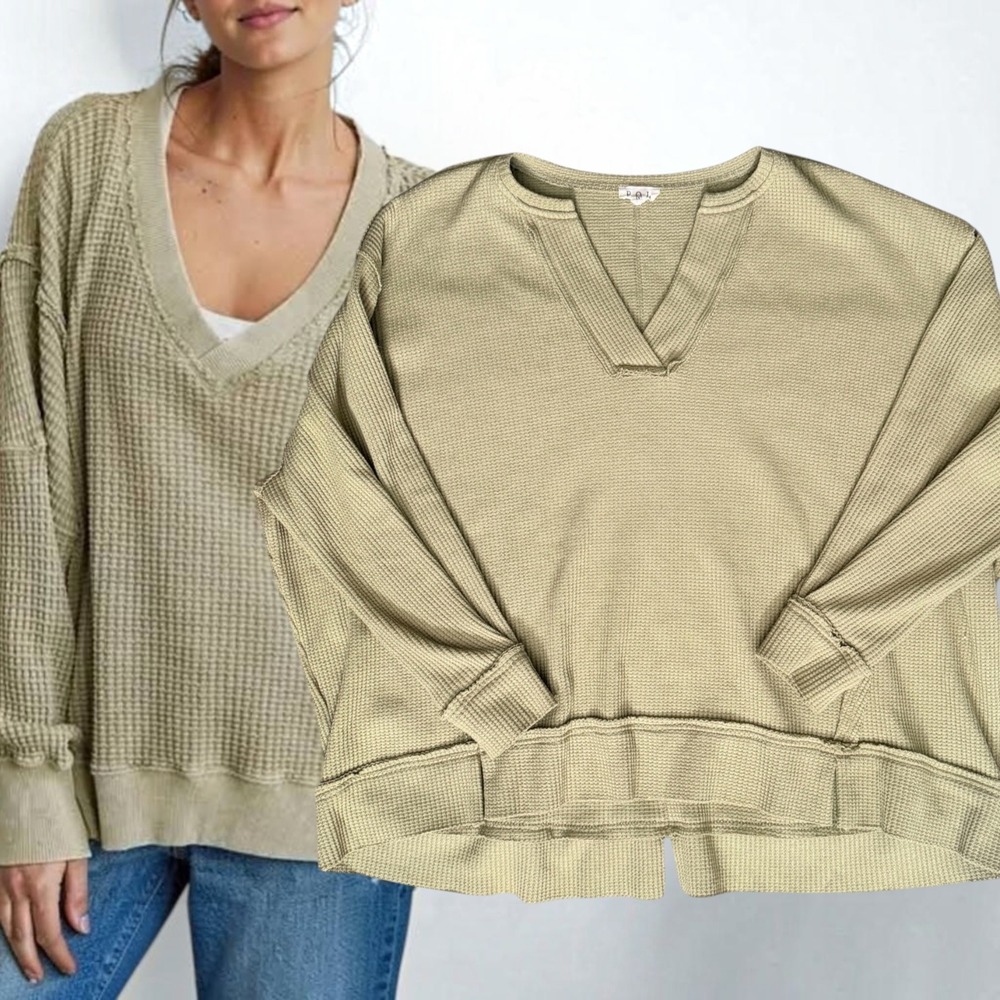 We The Free Top Ellie Thermal South Side Slouchy V-Neck Sage Green M